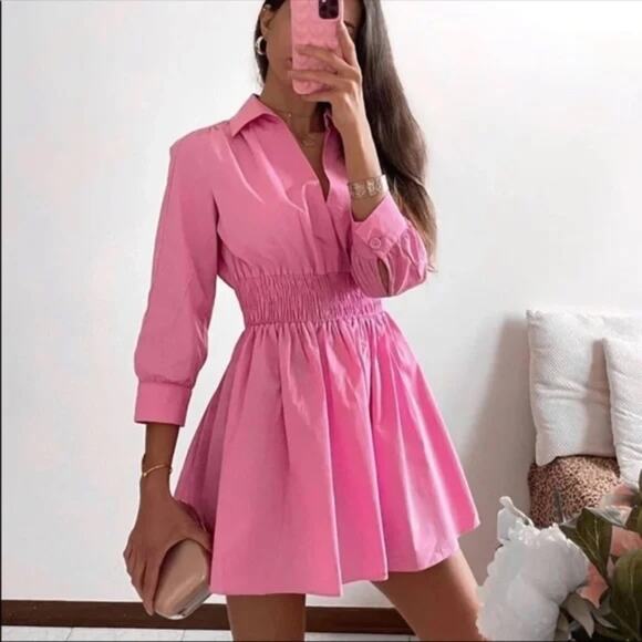 Zara Pink Poplin Mini Dress Collared Viral - Picture 1 of 11
